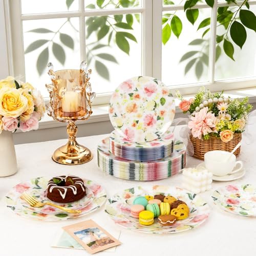 60 PCS Floral Plastic Plates - Pink Disposable Decorative Plates Include 30 Dinner Plate, 30 Dessert Plate for Wedding & Tea Party - Image 6