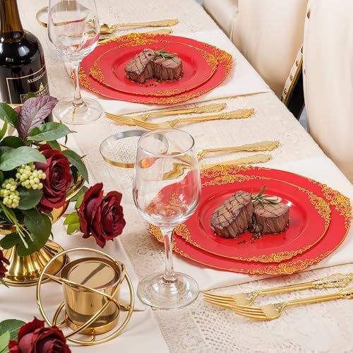 Nervure 350Pcs Red Plastic Plates, Disposable Dinnerware Set for 50 Guests - Image 6