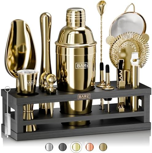 BARE BARREL® Mixology Bartender Kit Bar Set | 16-Piece Cocktail Shaker Set | Martini Barware Mixing Tools for Home Bartending | Incl. 35 Recipe Cards | Gift Set (24oz Cobbler Shaker, Gold/Black) by BareBarrel
