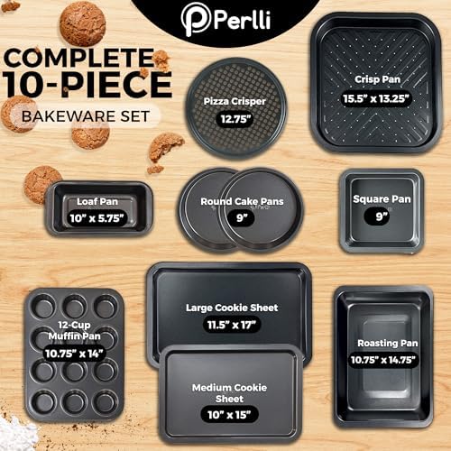 PERLLI Non-Stick 10-Piece Bakeware Set – Carbon Steel with Even Heat Distribution, Oven Safe to 446°F, BPA-Free, Dishwasher Safe, Stackable Baking Tools for Easy Storage and Everyday Cooking - Gray - Image 2