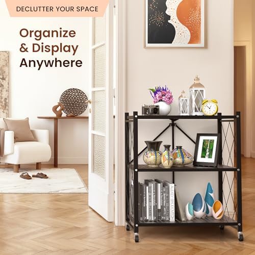 Our Modern Space 3-Tier Foldable Storage Shelf with Wheels | Metal Rack Collapsible Shelving Display | Rolling Cart for Books Kitchen Storage Shelves | Pantry & Closet Organizer | Office Room Decor - Image 6