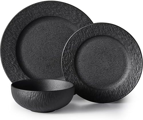 Black Dinnerware Sets, 3-Piece plates and bowls sets, Matte Marble by KINGSTONE