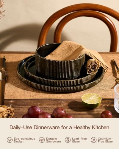 Dinnerware Set for 6, Ceramic Ribbed Plates, Bowls, Dishes - Image 5