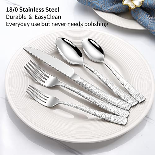 20-Piece Silverware Set, Silver Hammered Stainless Steel Flatware Sets for 4, Food-Grade Tableware Set, Including Fork Knife Spoon Set, Home Kitchen Cutlery Sets, Dishwasher Safe - Image 3