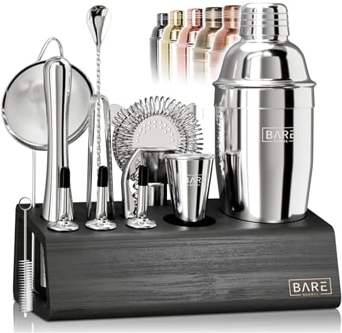 BARE BARREL® Mixology Bartender Kit Bar Set | 14-Piece Cocktail Shaker Set | Martini Barware Mixing Tools for Home Bartending | Incl. 35 Recipe Cards | Gift Set (24oz Cobbler Shaker, Silver/Black) by BareBarrel