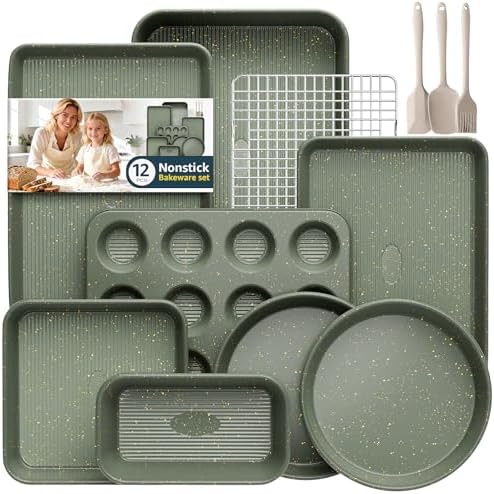12-Piece Nonstick Baking Set, Non-Toxic Bakeware Set - Ceramic Coated Green by SlowSLog