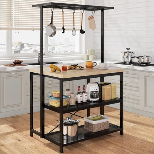 GarveeHome Kitchen Island with Storage, 42''Island Table for Kitchen, Bakers Rack Microwave Oven Stand Shelf with 3 Tier Storage Shelf for Dining Room Living Room, 5 Hooks 42"*28"*72", Natural by GarveeHome