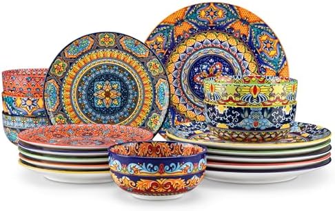 vancasso 18-Piece Dinnerware Sets,Ceramic Plates and Bowls Sets Service for 6, Bohemian Style Porcelain Dishes Set for 6, Microwave and Dishwasher Safe, Scratch Resistant,Non Toxic, Series KRVI by vancasso