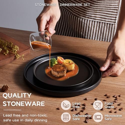 Onader Stoneware Dinnerware Set with Pasta Bowl, 24Pcs Black Dish Set for 6 - Image 3