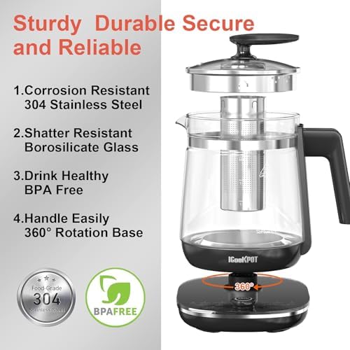 Electric Kettle 1.5L Borosilicate Glass, 1200W Temperature Control Tea Kettle with Auto Shut-Off & Boil-Dry Protection, BPA-Free Stainless Steel Base, Fast Boil for Coffee & Tea, Black - Image 5