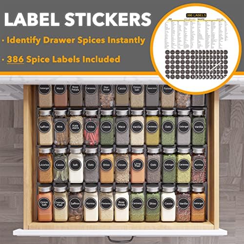 SpaceAid Spice Drawer Organizer with 44 Spice Jars, 386 Spice Labels, 4 Tier Seasoning Rack Tray Insert for Kitchen Drawers, 20.25" Wide x 17.5" Deep - Image 3