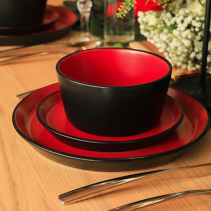 Stone Lain Albie Stoneware 16 Piece Modern Dinnerware Set, Kitchen Plates and Bowls Sets, Service for 4, Red and Black, Microwave & Dishwasher Safe - Image 4