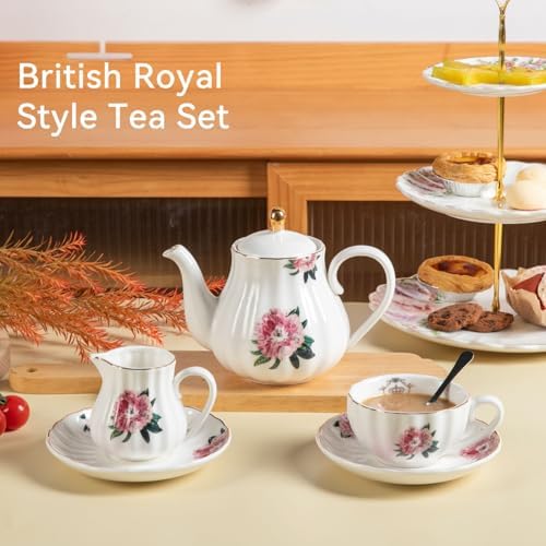 Sweejar Home Porcelain Tea Sets British Royal Series, 8 OZ Cups & Saucer Service for 6, with Teapot Sugar Bowl Cream Pitcher Teaspoons and Tea Strainer, Suitable for High Tea, Wedding, Party - Image 2
