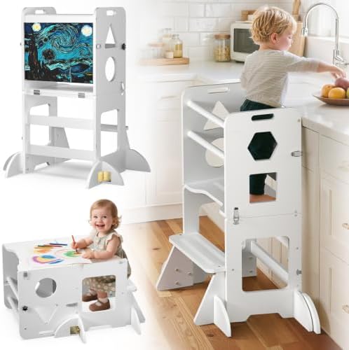 Toddler Standing Tower Anti-Tip Wooden Kitchen Step Stool Helper，White by KidzWerksPremiumMontessoriChildStandingTowersStepStools