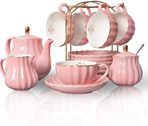 Sweejar Porcelain Tea Sets British Royal Series, 8 OZ Cups & Saucer Service for 6, with Teapot Sugar Bowl Cream Pitcher Teaspoons and Tea Strainer, Suitable for High Tea, Wedding, Party (Pink) by Sweejarco1949