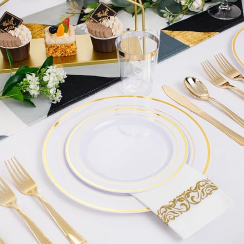 350 Pieces White and Gold Plastic Plates - 50 Guest Dinnerware Set Include 100 Plates, 50 Gold Plastic Silverware, 50 Paper Napkins and 50 Cups for Wedding/Baby Shower/Birthday/Party - Image 3