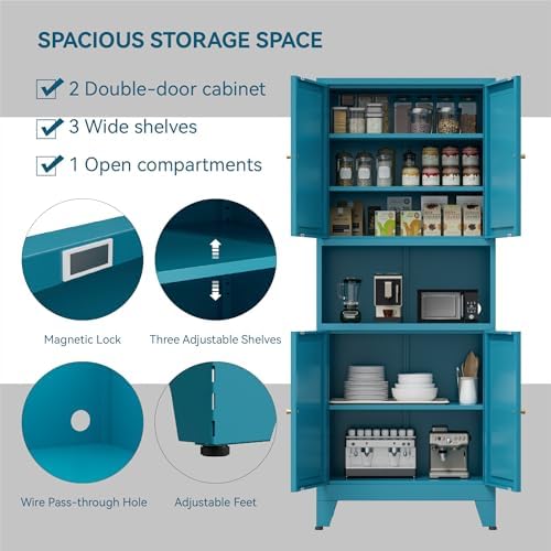 COFaR 69" Pantry Cabinet, Metal Storage Cabinet with Doors and Shelves,Blue - Image 4