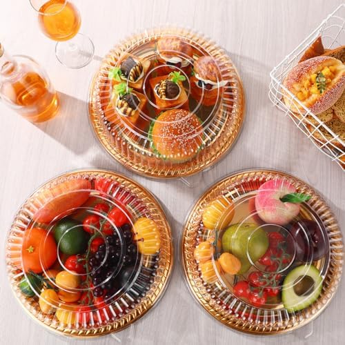 Nitial 36 Pcs Plastic Serving Trays with Lids, Round, Gold, 12 Inches - Image 4
