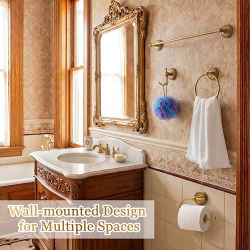 4 Pcs Antique Brass Gold Bathroom Accessories Set Wall-Mounted Towel Rack & Towel Ring & Toilet Paper Holder & Robe Hook, Wall Mounted Brass Vintage Bath Hardware Fixture Set(Style 5) - Image 4