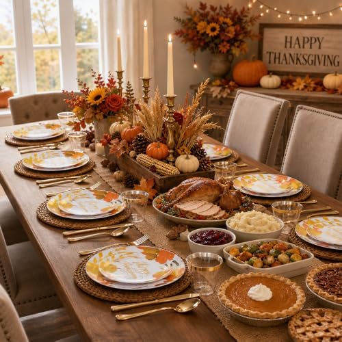 KIRE 150PCS Thanksgiving Plates Dinnerware Pumpkins - Plastic Thanksgiving Plates with Gold Silverware Include 25 for Dinner 25 for Salad 25Forks 25Knives 25Spoons 25Gold Cups - Image 6