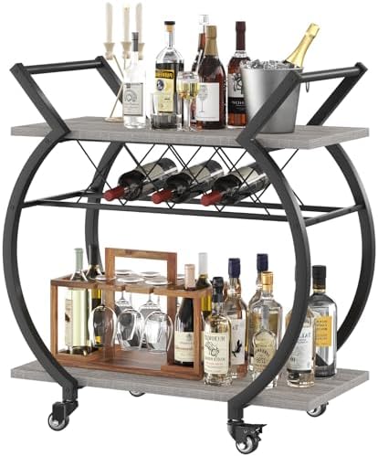 LVB Bar Carts for the Home, Industrial Wine Cart with Storage, Grey Oak by LVB