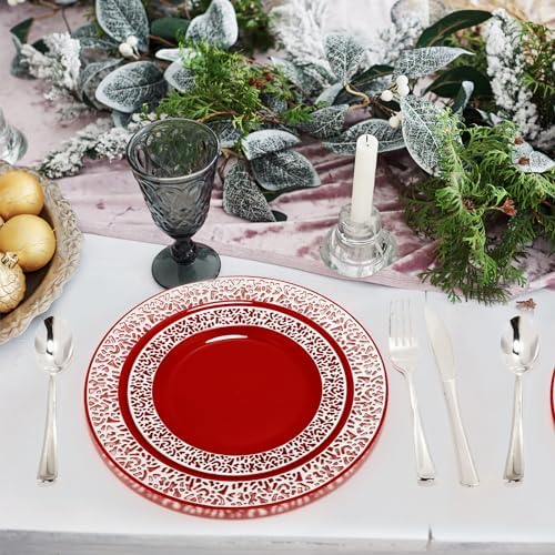 Norme 300 Pieces Disposable Plastic Dinnerware Set, 100 Plastic Plates, 150 Knives, Forks and Spoons with 50 Rimmed Cups for 50 Guests Wedding Party Supplies(Red Silver) - Image 5