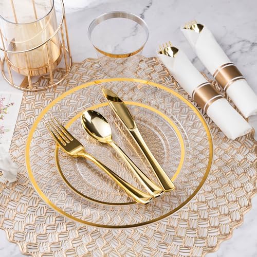Goodluck 350 Piece Clear Gold Disposable Plastic Dinnerware Sets for Party - Image 5