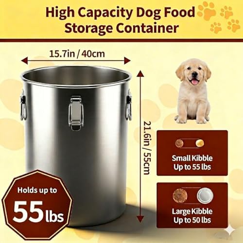 304 Stainless Steel Dog Food Storage Container, 50LB/55LB Airtight Pet Food Container with Locking Lid & Silicone Seal, Large Metal Food Storage Bin for Dry Dog/Cat Food, Rice, Flour (50 LBS) - Image 2