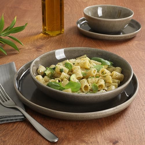 Gibson Elite Berea 16 Piece (Service for 4) Plates and Bowls Reactive Glaze Round Dishes Stoneware Ceramic Dinnerware Set -Taupe - Image 3