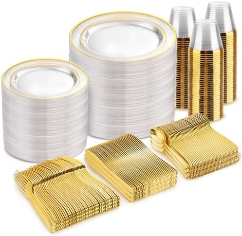 bUCLA 600PCS Clear Plates with Gold Trim - Clear Gold Dinnerware Set Disposable Include 100 Dinner/100 Dessert Plates, 100 Knives, 100 Forks, 100 Spoons, 100 Cups for Wedding, Party by BUCLA