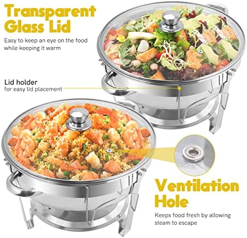 Chafing Dish Buffet Set 6 Packs, 5 QT Stainless Steel Round Chafing Dishes with Glass Lid & Lid Holder, Food Warmer For Parties Buffet Weddings Catering Events - Image 6