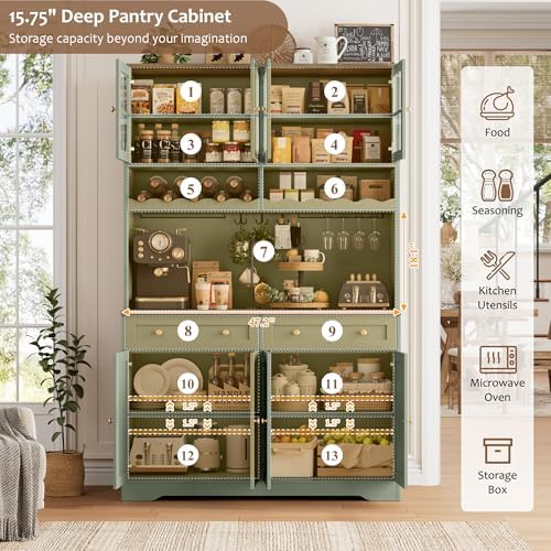 HOSTACK 75" Kitchen Pantry Storage Cabinet, Coffee Bar Hutch Cabinet, Green - Image 5