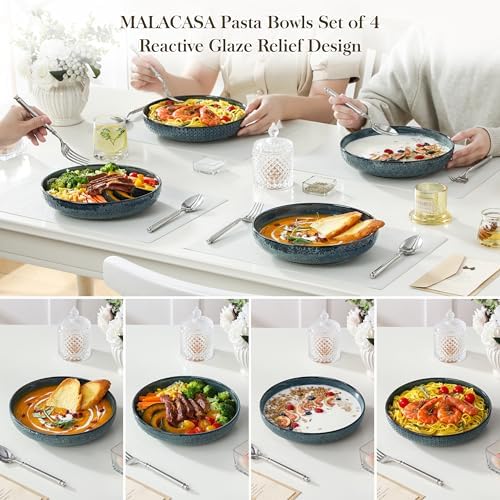MALACASA 48 Oz Large Pasta Bowls, 9.5 Inch Ceramic Salad Bowls Serving Bowls, Wide and Shallow Plates Pasta Plates, Modern Relief Design, Microwave & Dishwasher Safe, Set of 4, Green, Series LYDIA - Image 5