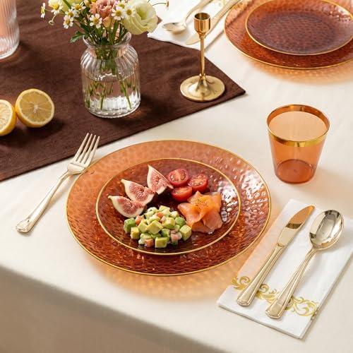 Rubtlamp 350 Pcs Brown Plastic Dinnerware Set (50 Guests), Amber And Gold Plastic Plates, Coffee Hammered Party Plates Set Include Dinner Plates, Dessert Plates, Cups, Cutlery Set Napkins for Party - Image 3