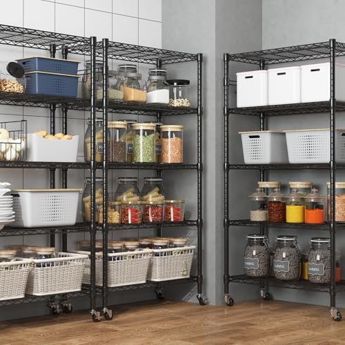 Homdox 5 Tier Metal Storage Shelves with Wheels, Heavy Duty Wire Shelving Unit, Adjustable Storage Racks with Side Hooks for Bathroom Kitchen Garage Pantry Organization, Black - Image 6