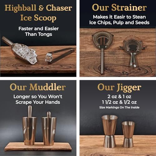Highball & Chaser Bartender Kit with Espresso Bamboo Stand. Beautiful Cobbler Cocktail Shaker Set with Bar Tools Rustproof Stainless Steel Bar Set (Antique Copper) - Image 5