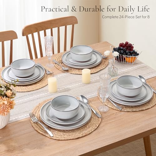 E-far Stoneware Dinnerware Sets for 8, 24 Pieces Reactive Glaze Plates and Bowls Sets, Elegant Dishes with Rustic Terracotta Clay Base, Dishwasher & Microwave Safe, Scratch Resistant, Glacier White - Image 5