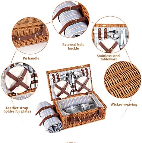 Wicker Picnic Basket for 4 with Waterproof Blanket Blue Stripes - Image 5