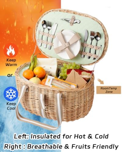 Picnic Basket for 4, Extra Large Wicker Set, 8.4 Gal, Natural - Image 3