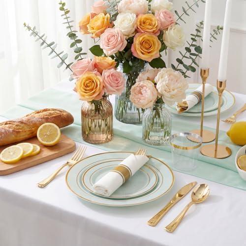 WDF Partyware 175PCS Sage Green Plastic Plates - Heavy Duty Green Plates Disposable - 25Guests Plastic Dinnerware with Rolled Napkins for Birthday/Baby Shower - Image 2