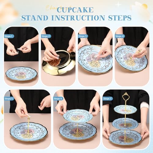 21 Pcs Porcelain Tea Set with 3 Tier Dessert Stand, Blue, Elegant - Image 4