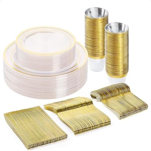 BESTVIP 150PCS Plastic Dinnerware Set, Clear Gold Disposable Plates by Bestvip