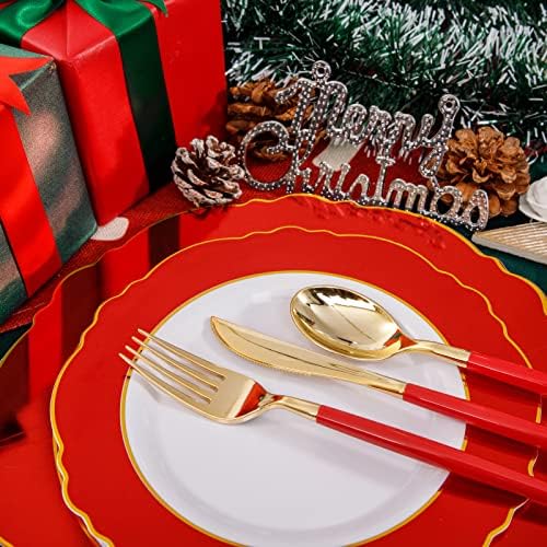 WDF 30Guest Red Plastic Plates - Gold Plastic Silverware With Red Handle - Red Plates Disposable- Baroque Plastic Dinnerware for Wedding Baby Shower Spring Birthday - Image 4
