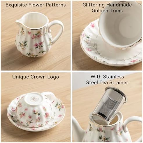 Porcelain Tea Sets British Royal Series, 8 OZ Cups & Saucer Service for 6, with Teapot Sugar Bowl Cream Pitcher Teaspoons and Tea Strainer, Suitable for High Tea, Wedding, Party（Spring Flowers） - Image 4