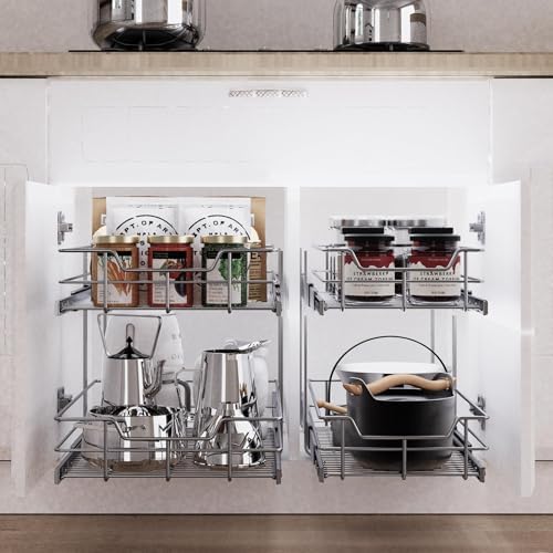 2 Tier Pull Out Cabinet Organizer 11" W X 22" D, Chromed, Full Slide Out - Image 6