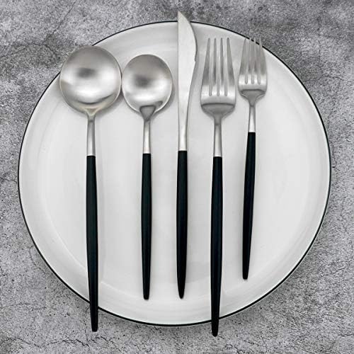 Black Handle Matte Silver Silverware Set - 5-Piece 18/10 Stainless Steel Satin Finish Flatware, Kitchen Utensils, Tableware Travel Cutlery for Camping Office Lunch - Dishwasher Safe - Image 4