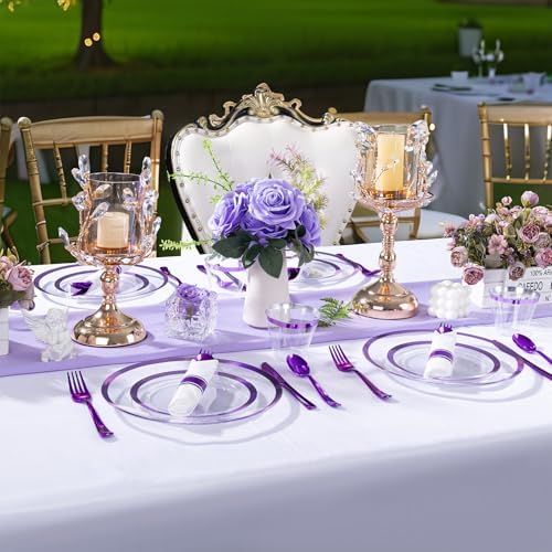 I00000 210 Pcs Clear Purple Plastic Plates, Fancy Disposable Dinnerware Set - Image 2