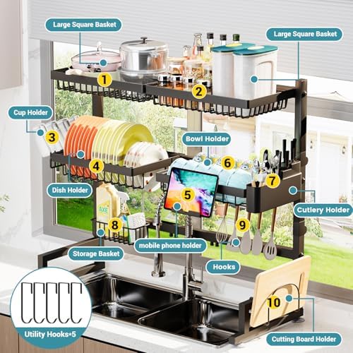 ADBIU Over The Sink Dish Drying Rack (Expandable Height and Length) Snap-On Design 2 Tier Large Dish Rack (27-40L x 12W x 32.5-37H (inches)) - Image 6