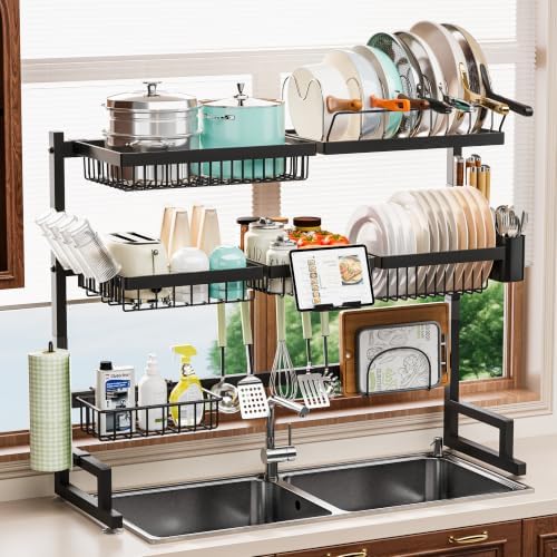 ADBIU Over Sink Dish Drying Rack (Expandable Height/Length) Snap-On Design Large Dish Drainer Storage Counter Organizer 32-40L x 12W x 34-38H (inches) by ADBIU
