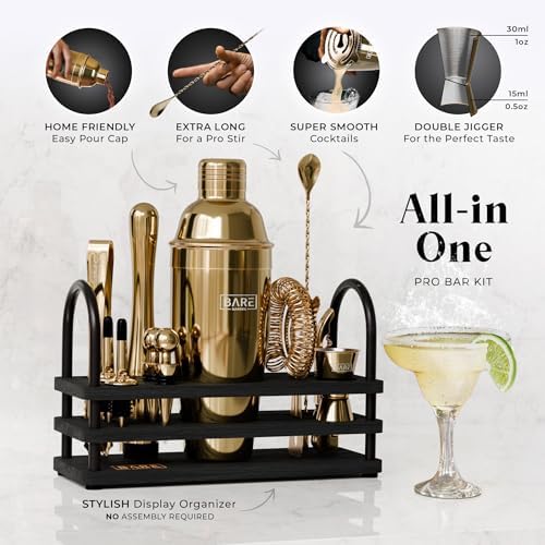 BARE BARREL® Mixology Bartender Kit Bar Set | 14-Piece Cocktail Shaker Set | Martini Barware Mixing Tools for Home Bartending | 35 Recipe Cards | Gift Set (24oz Cobbler Shaker, Gold/Black) - Image 2